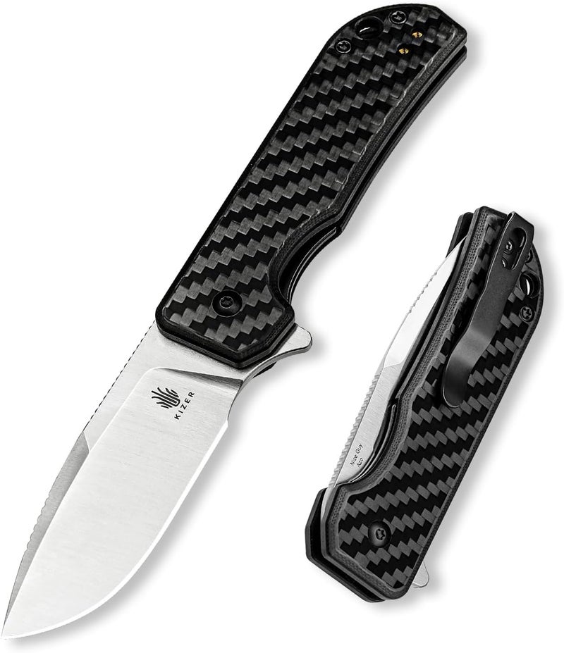 KIZER Nice Guy Pocket Folding Knife, 2.84" 154CM Blade, Lightweight Sharp Camping and Hiking Knife, G10 Carbon Fiber Handle, Liner Lock Flipper Knives V3011C1 - Image 1